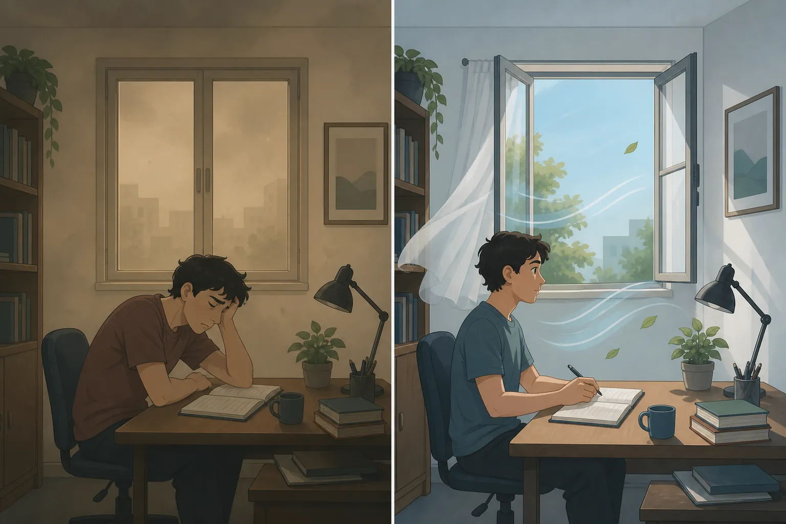 A split study room showing a stuffy closed-window setup beside a fresher open-window setup