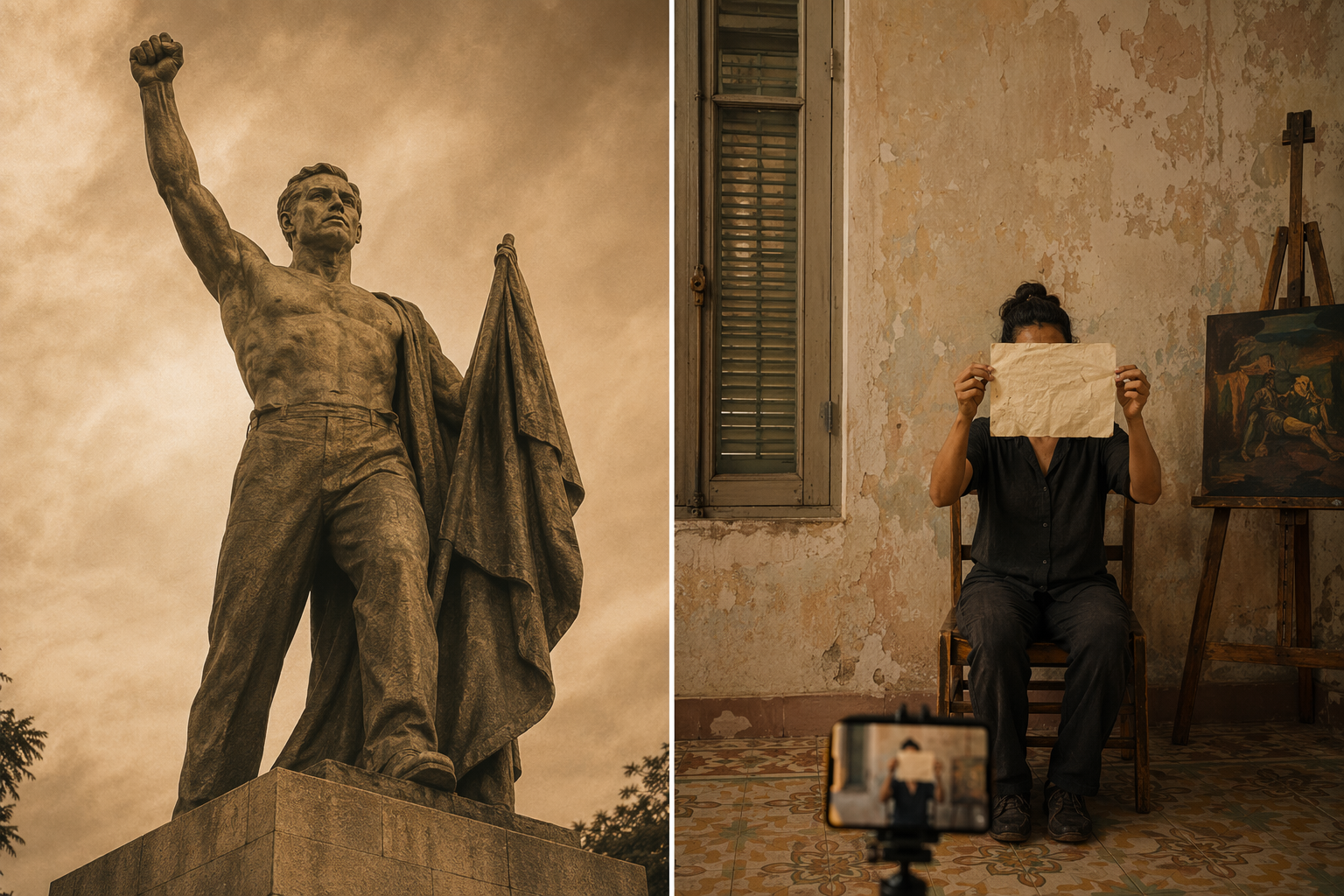 Split illustration contrasting monumental opposition imagery with a modest artist recording a vulnerable dissident gesture in a room