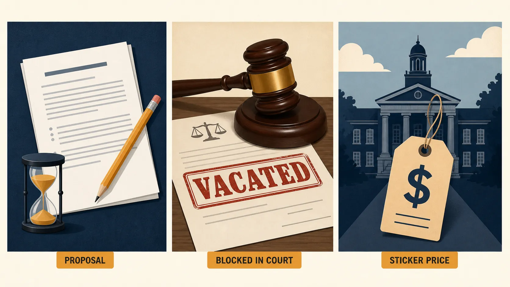 Three-panel comparison of a proposal, a court-blocked fee, and a college sticker price