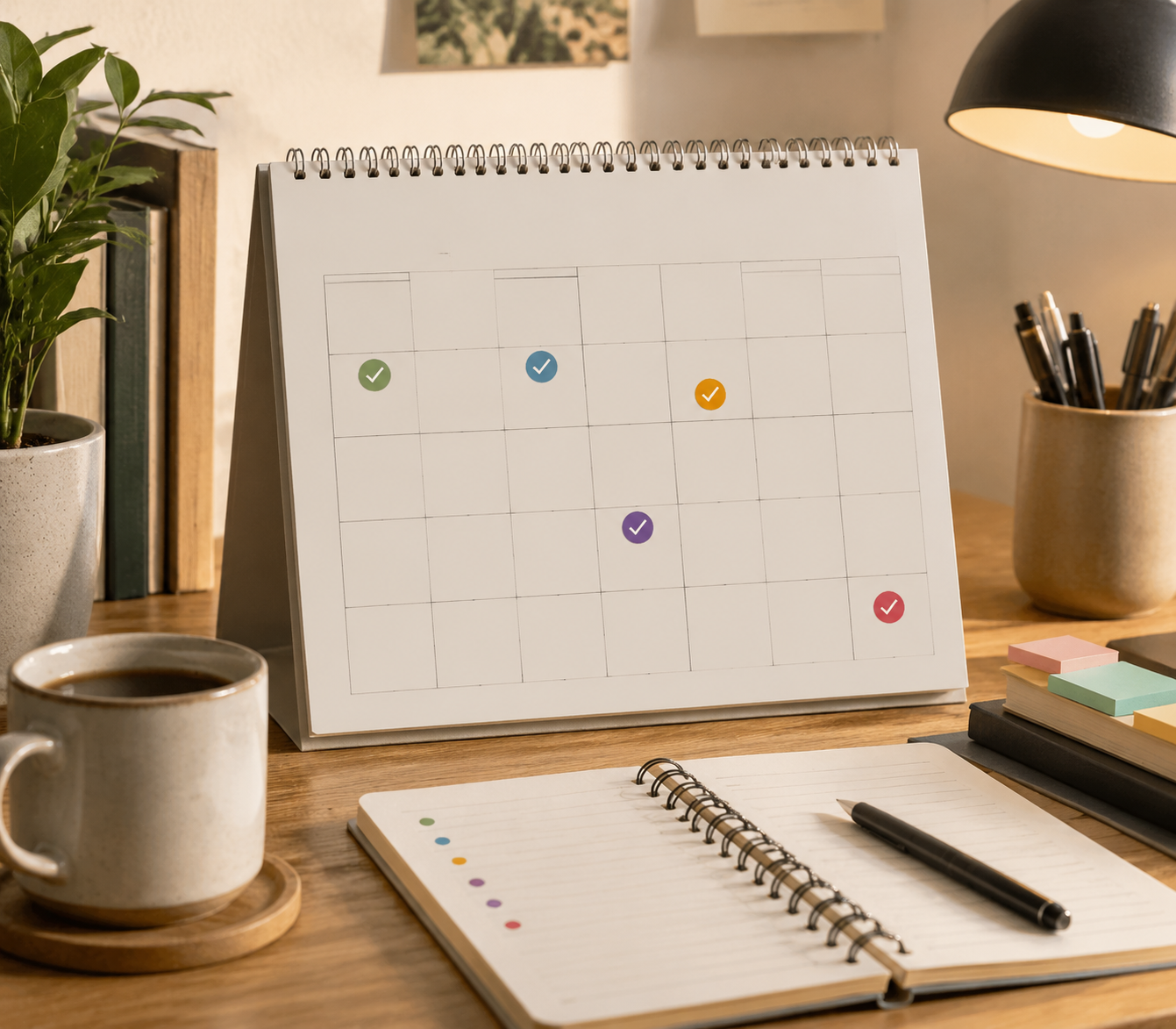 Calendar with review dots spread across days in a 1-2-4-7 pattern