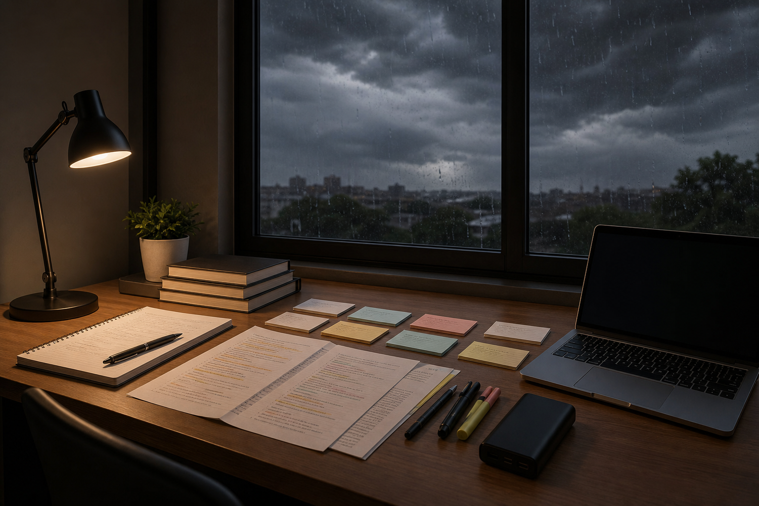 Student exam prep desk with printed notes, flashcards, a laptop, and a power bank while storm clouds gather outside
