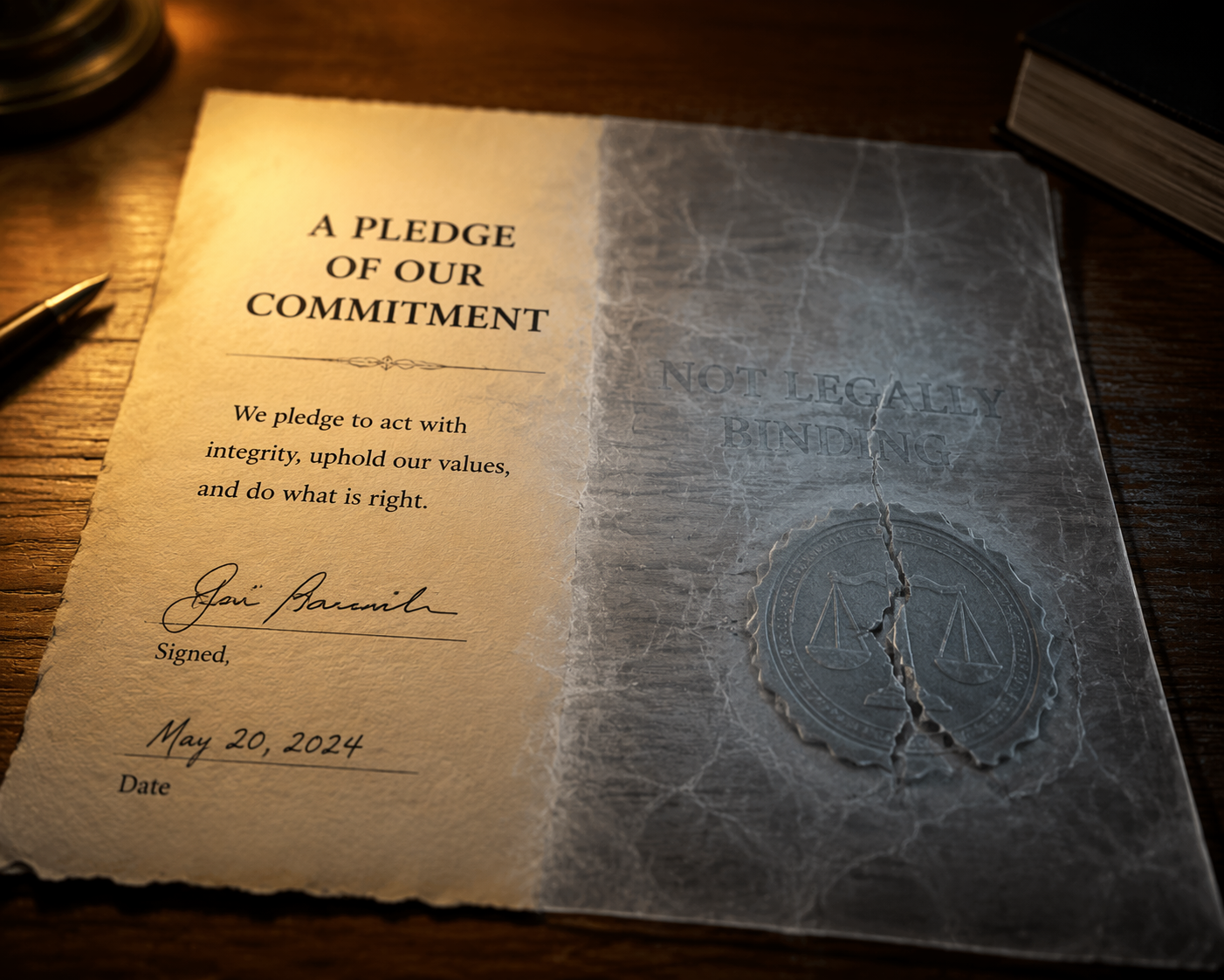 A document split between a clear moral signature and a cracked legal seal