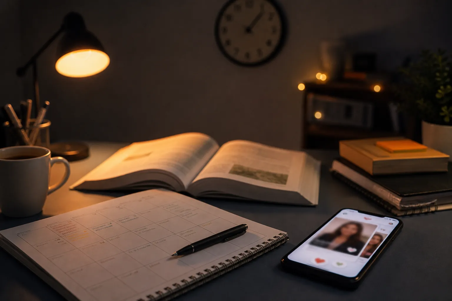 Evening study desk with an open textbook, weekly planner, and a glowing phone showing abstract dating app cards