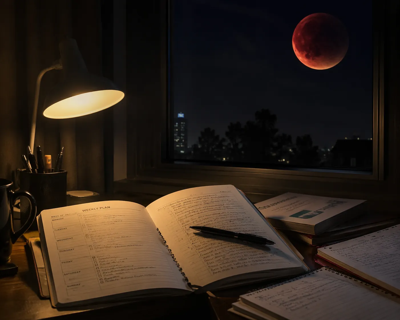 Night study desk with an open planner and a partially shadowed red moon outside the window