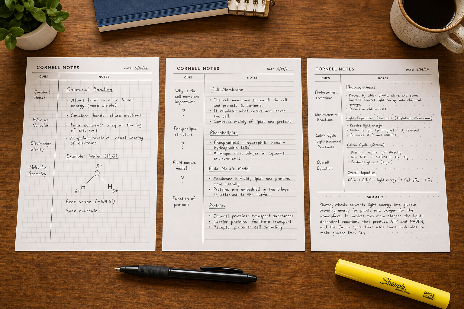 Top-down flat-lay photograph of a student desk with three Cornell notes templates on warm wood surface: left template has graph-paper grid with chemistry diagram, center template has wide-ruled lines with wide cue column, right template has dotted note area with expanded summary section, alongside a pen, highlighter, and coffee mug.
