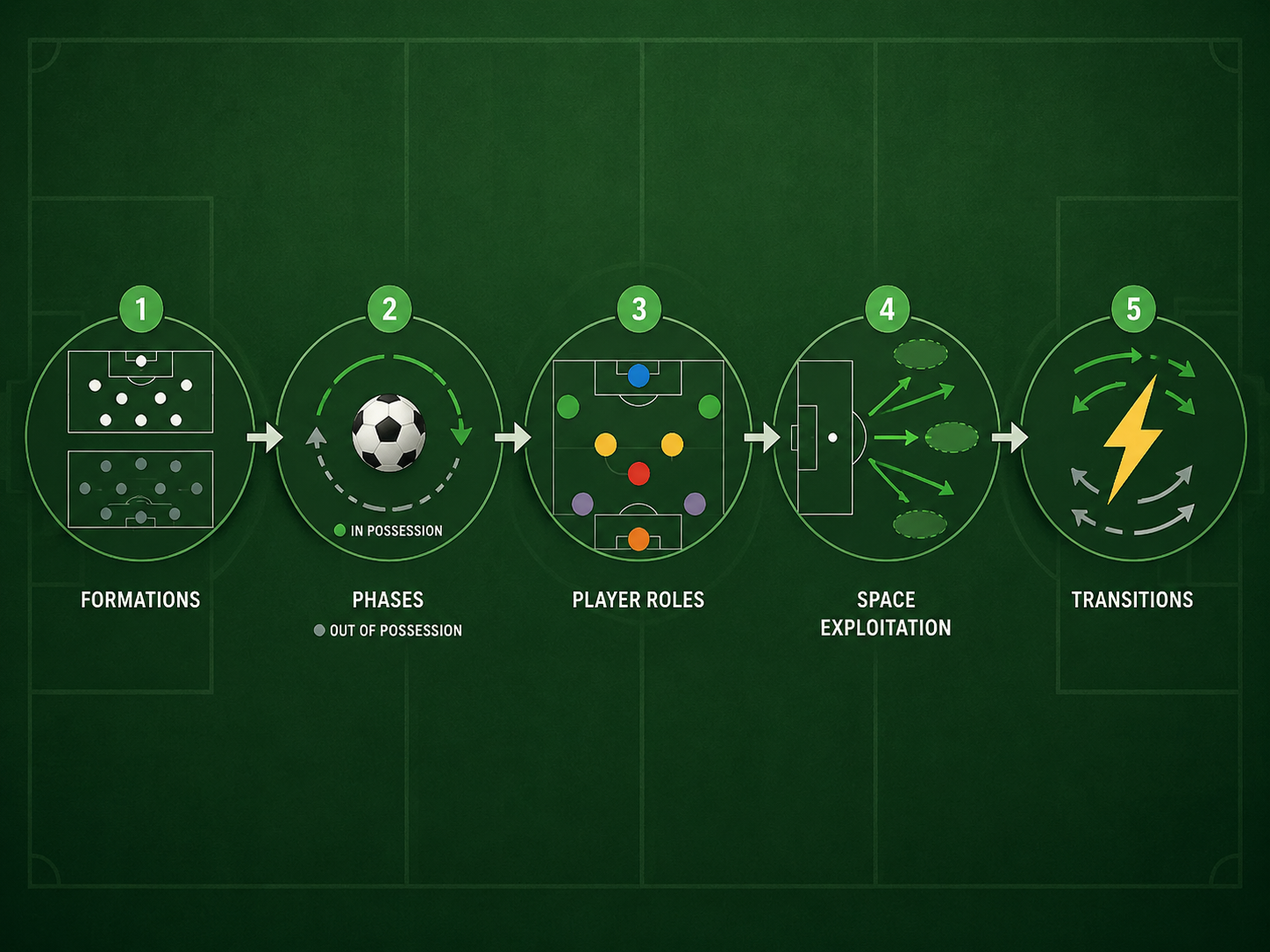Five-step tactical analysis framework showing formations, possession, player roles, space, and transitions
