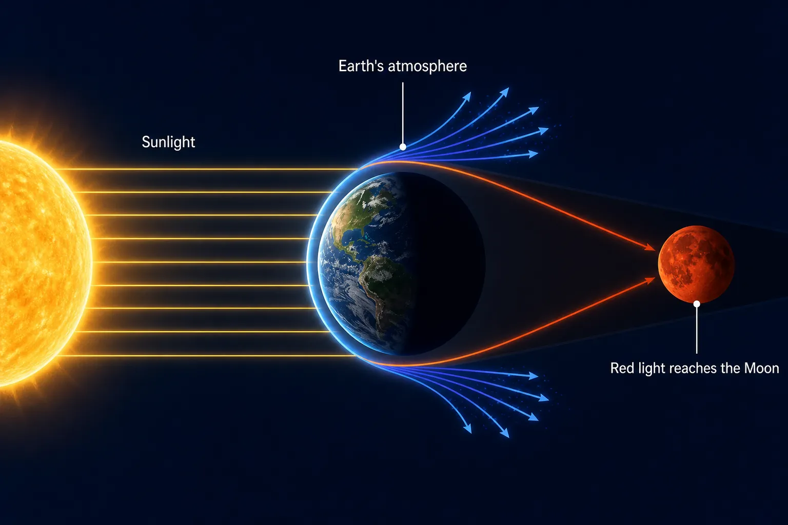 Diagram showing blue and violet light scattering in Earth’s atmosphere while red-orange light bends toward the eclipsed Moon