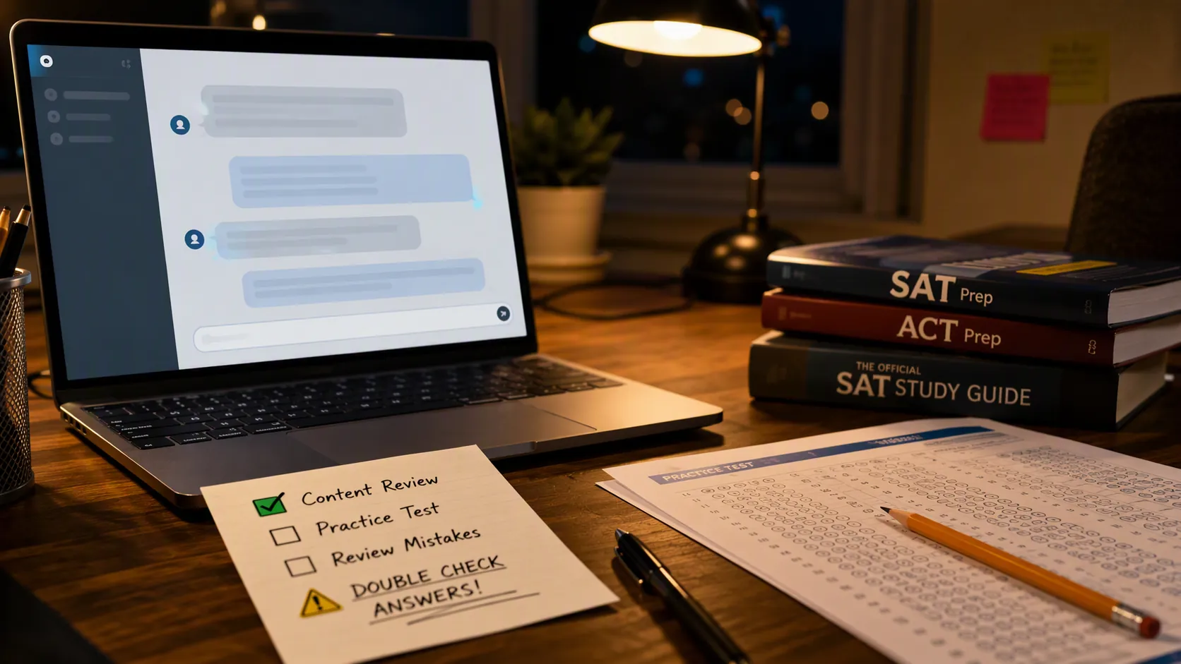 Student desk at night with an AI chat assistant on a laptop, official prep books, an answer sheet, and a checklist with warning symbols