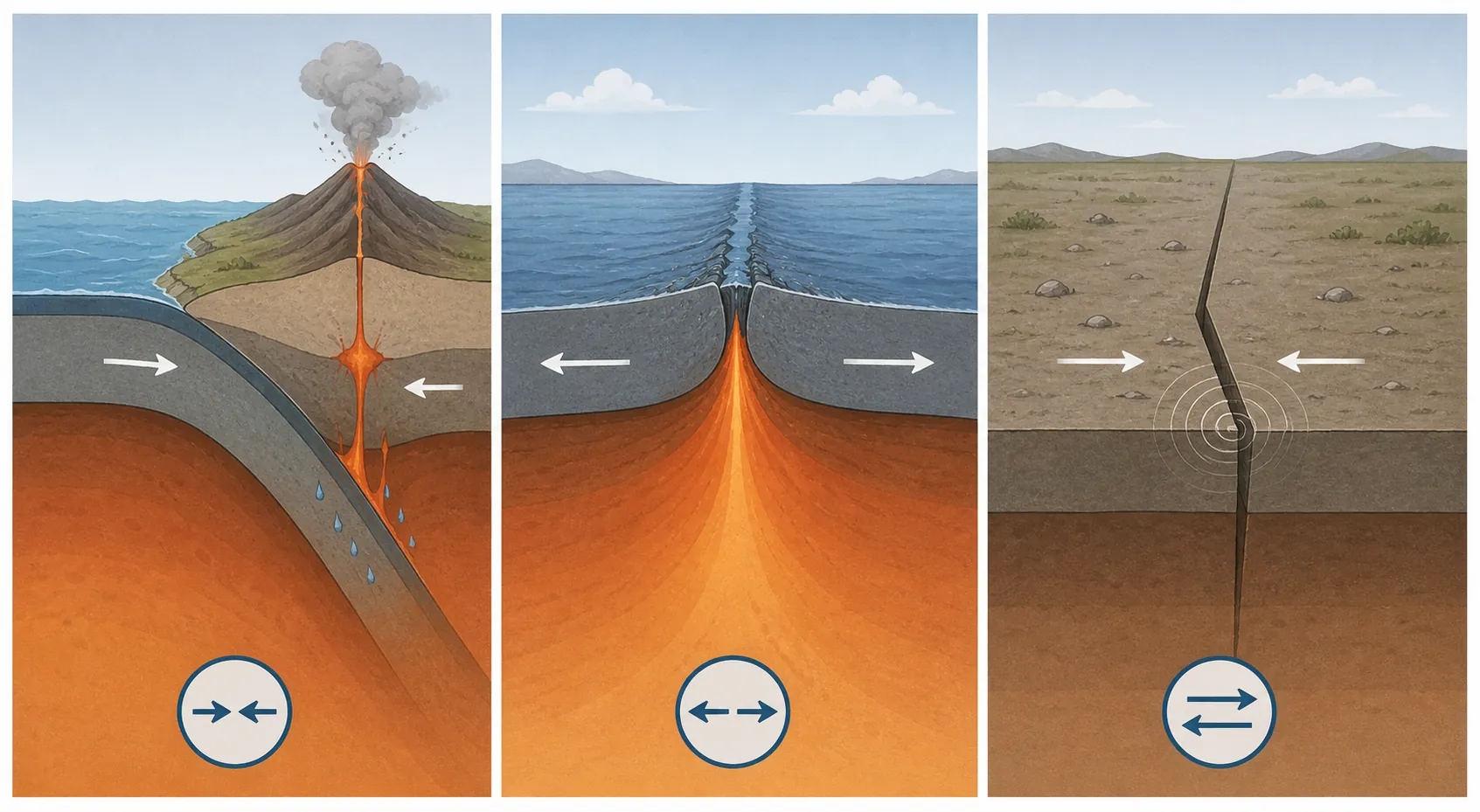 Comparison of convergent, divergent, and transform plate boundaries showing volcanoes at the first two and horizontal sliding at the transform boundary