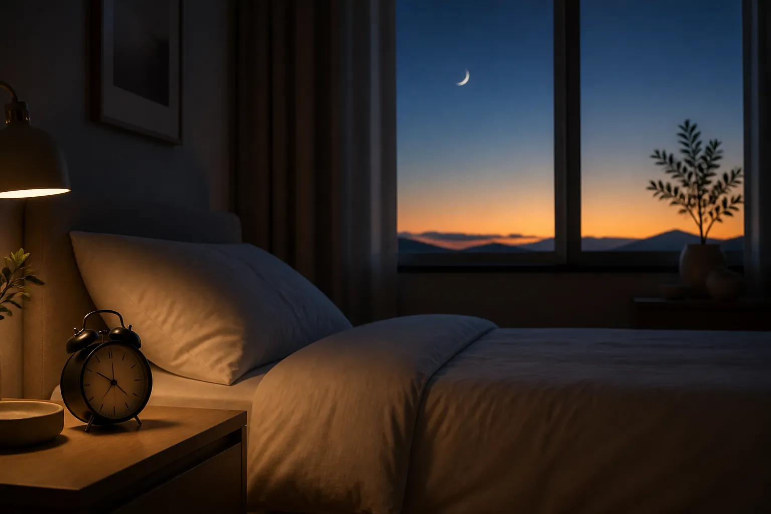 A calm bedroom with an analog clock and night fading into sunrise