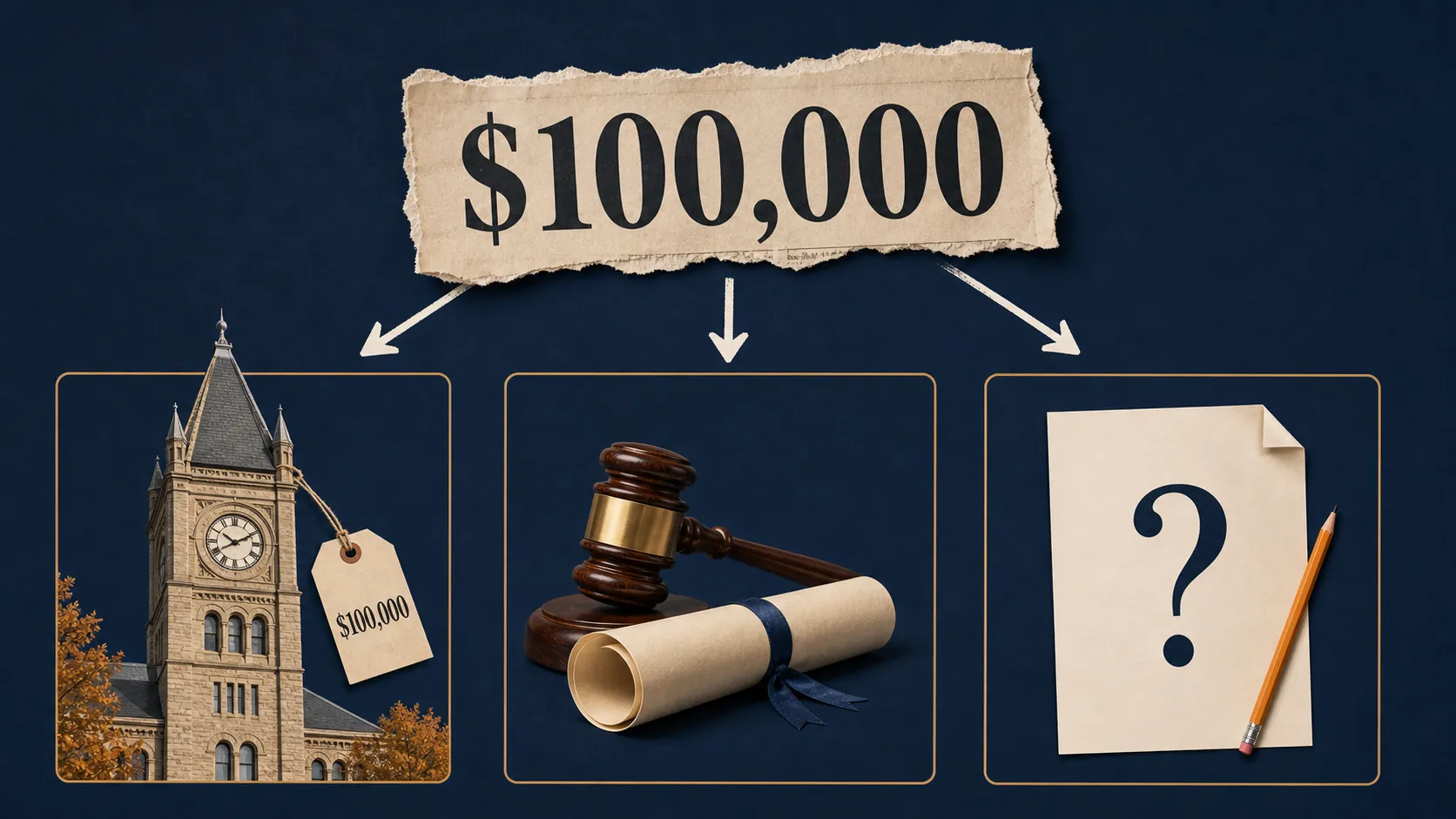 A $100,000 headline split into three separate items: tuition, a court document, and a proposal document
