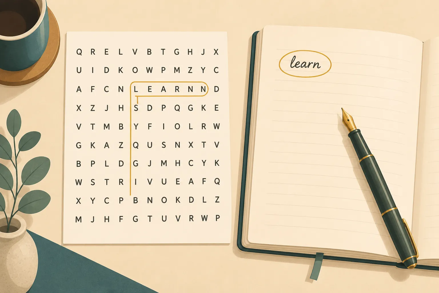 Letter-grid word-search puzzle beside an open vocabulary notebook and pen