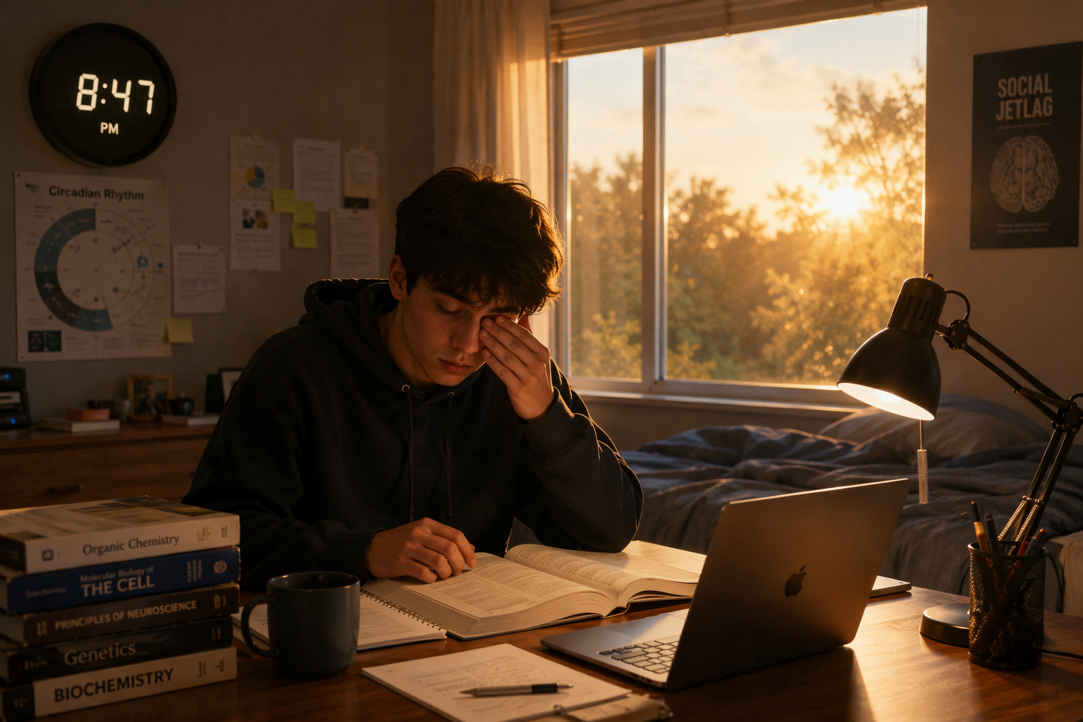 Teenage student studying at night while daylight still fills the room