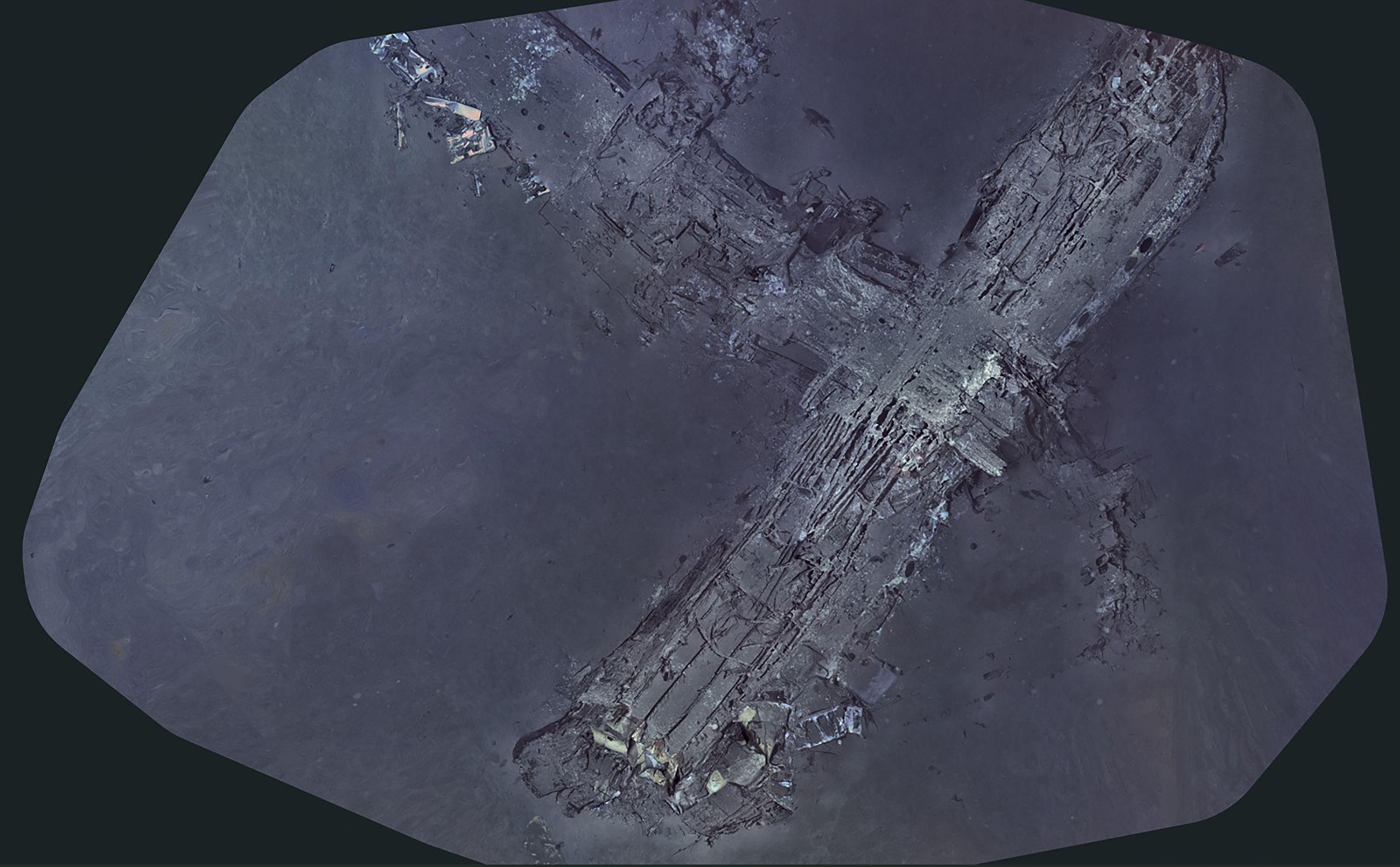 Underwater mosaic image of the Clipper Endeavor wreckage on the ocean floor with the Pan Am logo visible