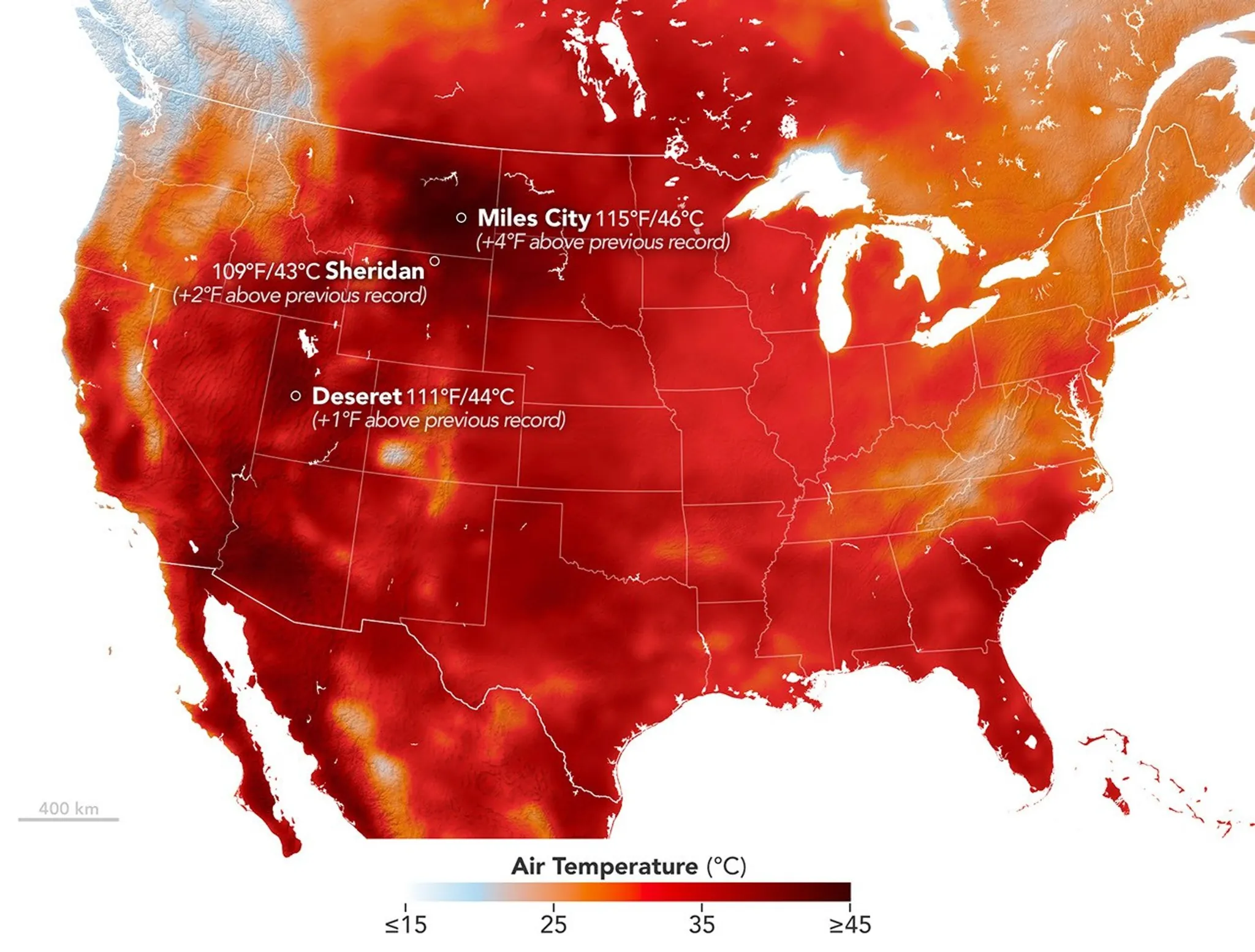 NASA visualization of a dark red surface temperature anomaly across the western United States during a 2026 heat dome event