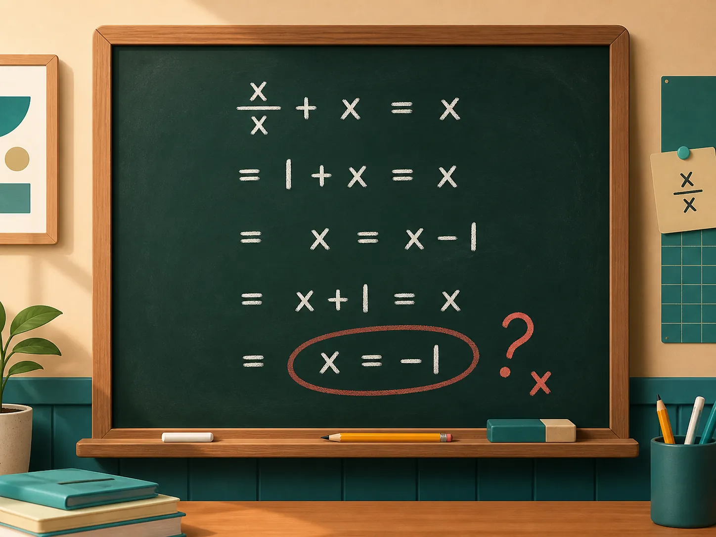 Chalkboard with a multi-step math solution whose final step is circled with a red question mark