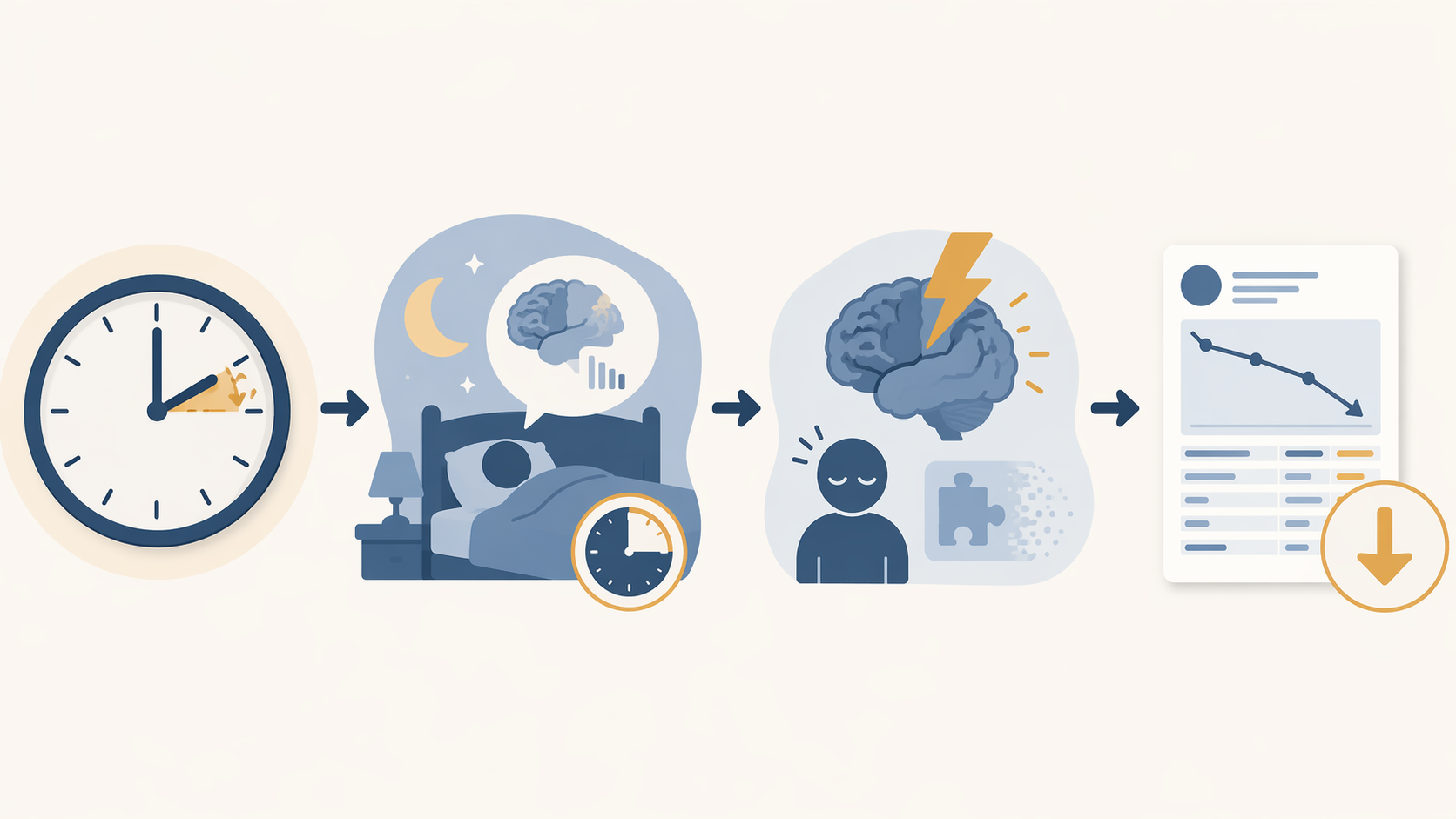 Illustration showing DST spring-forward leading to sleep loss, reduced vigilance, and a lower SAT score