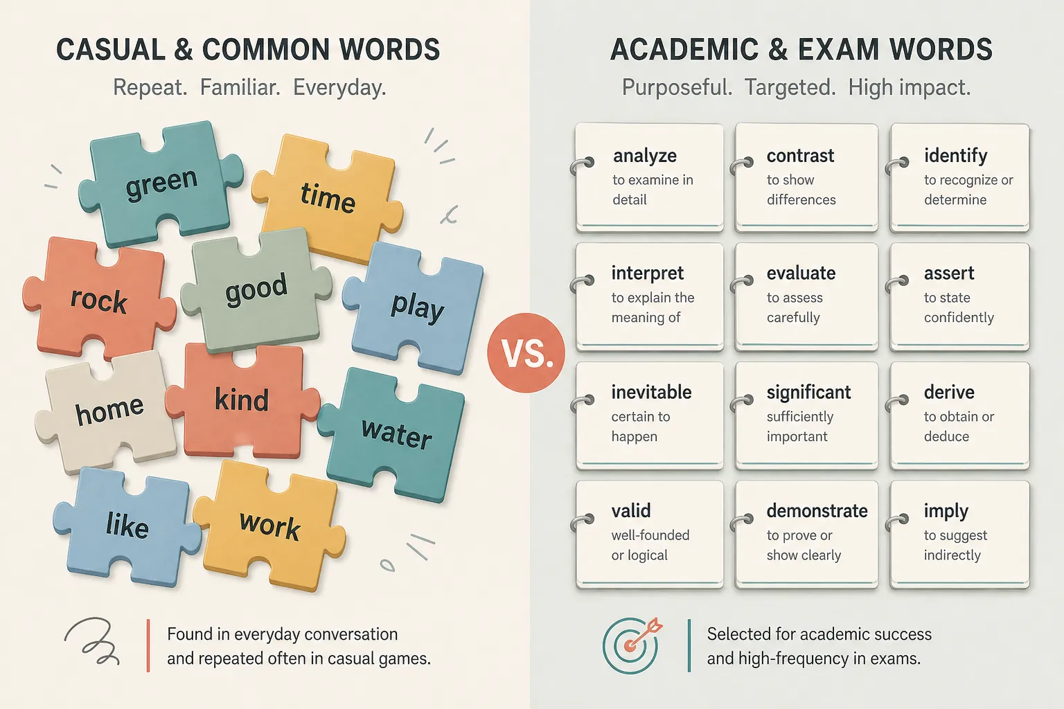 Colorful everyday puzzle tiles contrasted with organized academic vocabulary flashcards