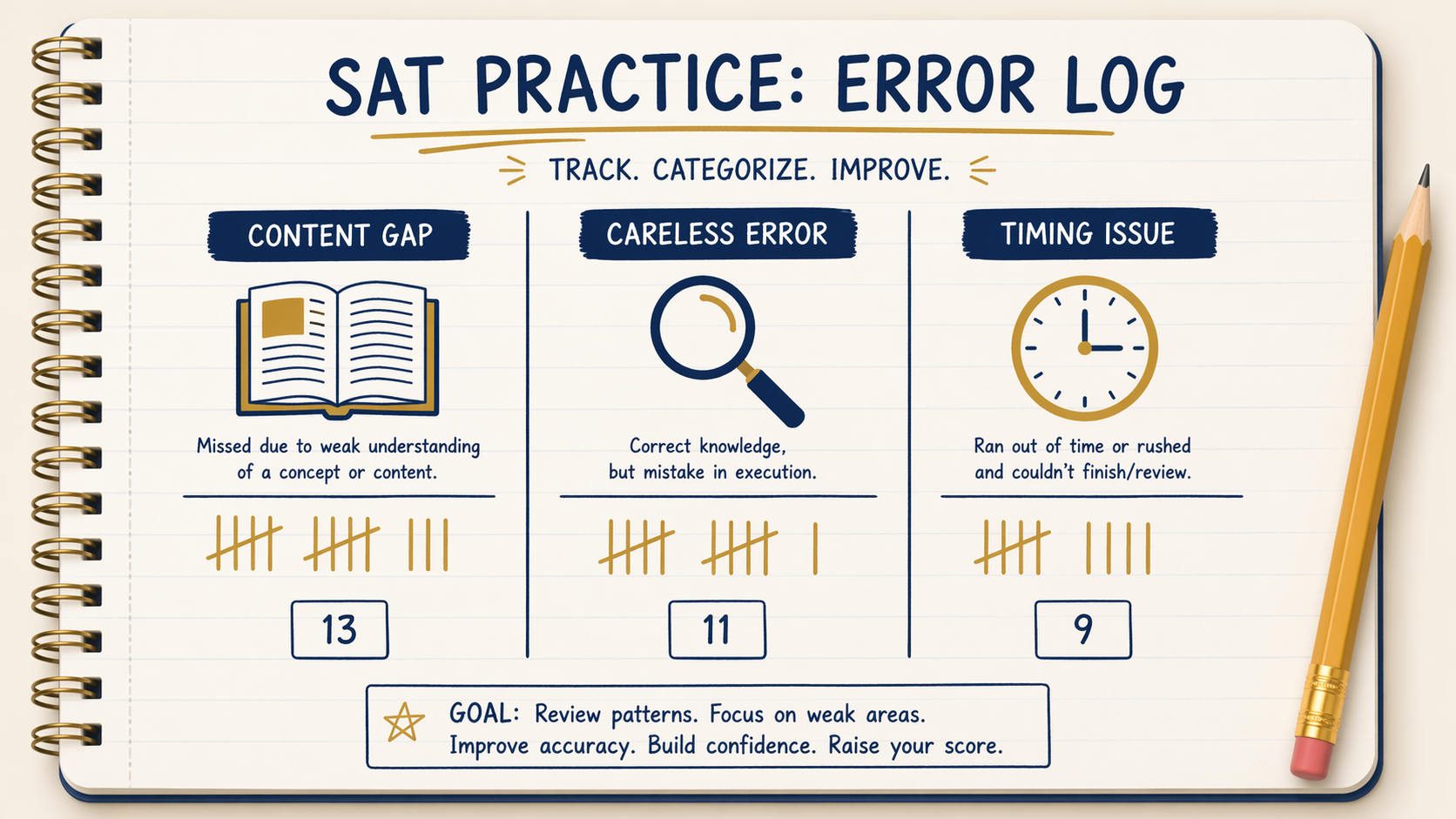 SAT error log with columns for content gaps, careless errors, and timing issues