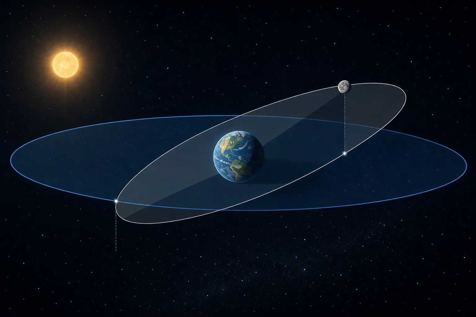 Diagram showing the Moon’s orbit tilted about five degrees relative to Earth’s orbital plane