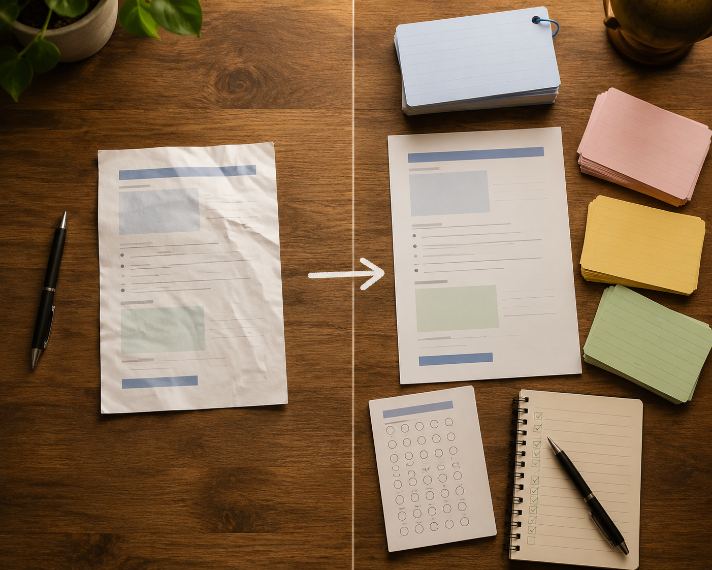 Comparison of a passive summary page with active study materials like flashcards and a quiz sheet