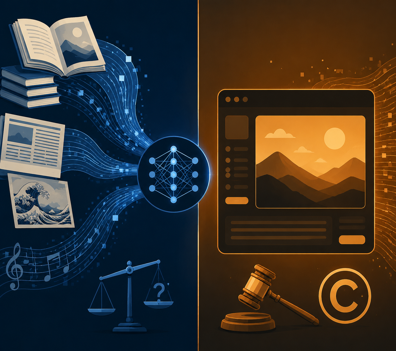 Editorial comparison of AI training inputs and generated outputs with courtroom and copyright symbols