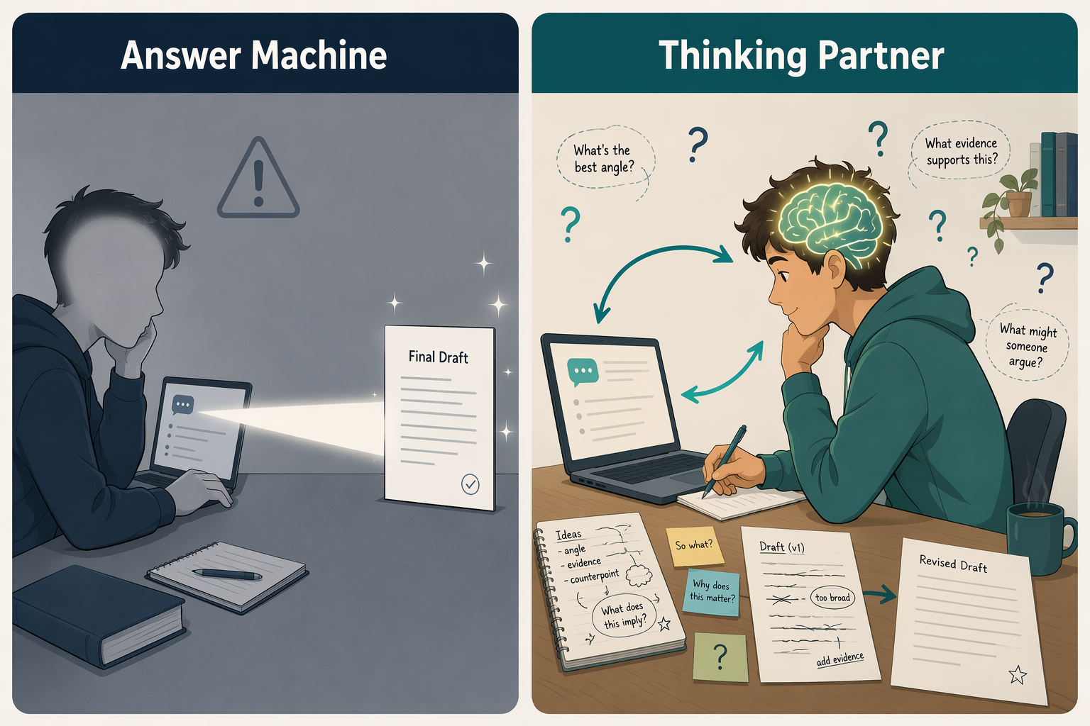 Comparison of using AI as an answer machine versus a thinking partner