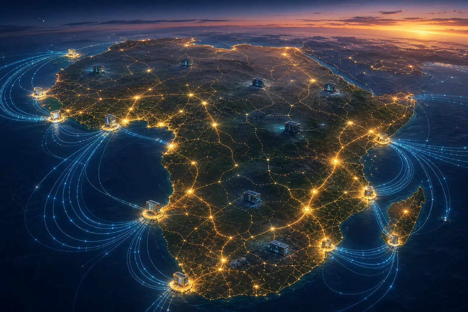 Map-style illustration of Africa with subsea cables, payment signals, and unevenly distributed data centers