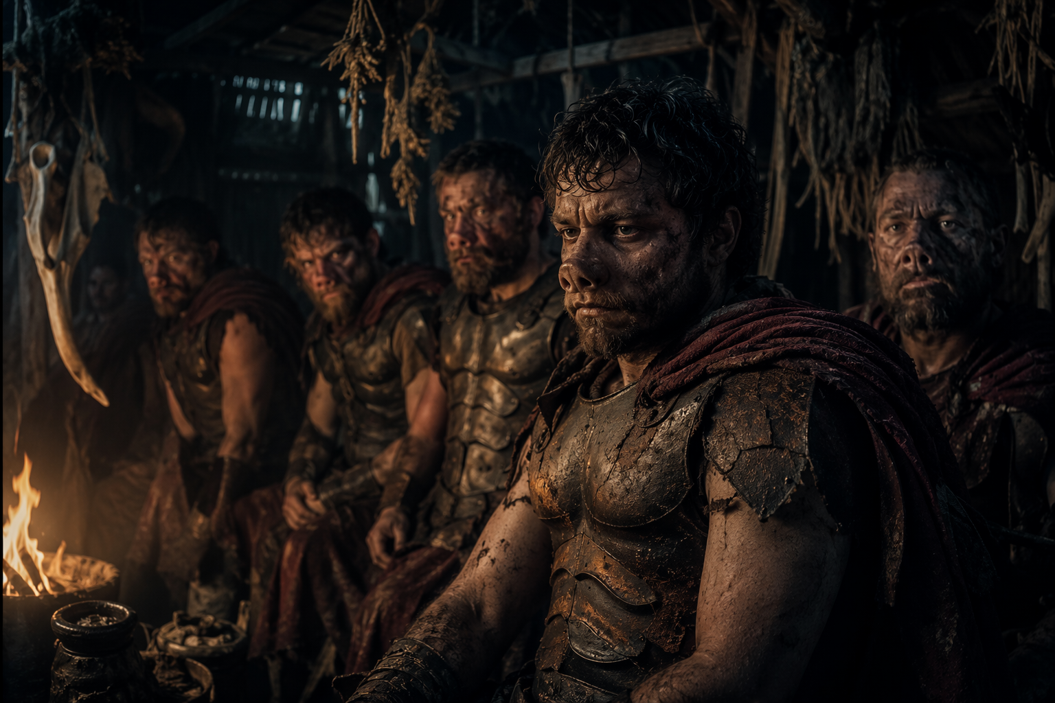 Folk-horror hut where shadowed warriors show unsettling partial transformations in firelight