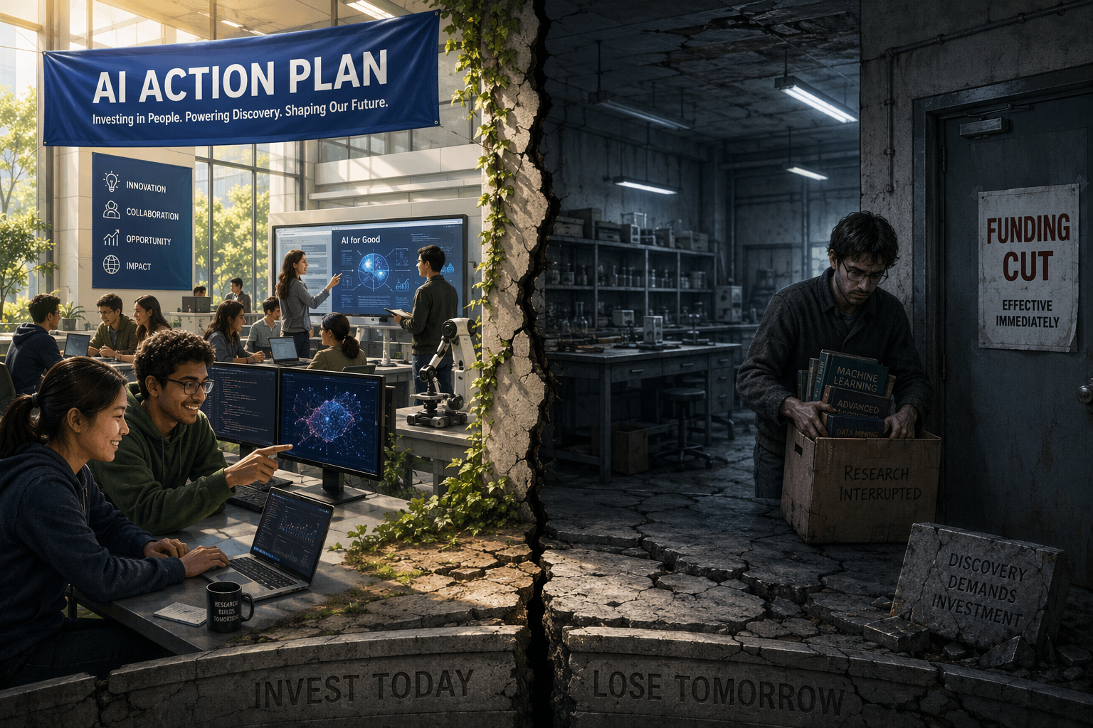 University AI research campus split between an optimistic AI Action Plan lab and a funding cut scene with empty benches and a researcher packing books