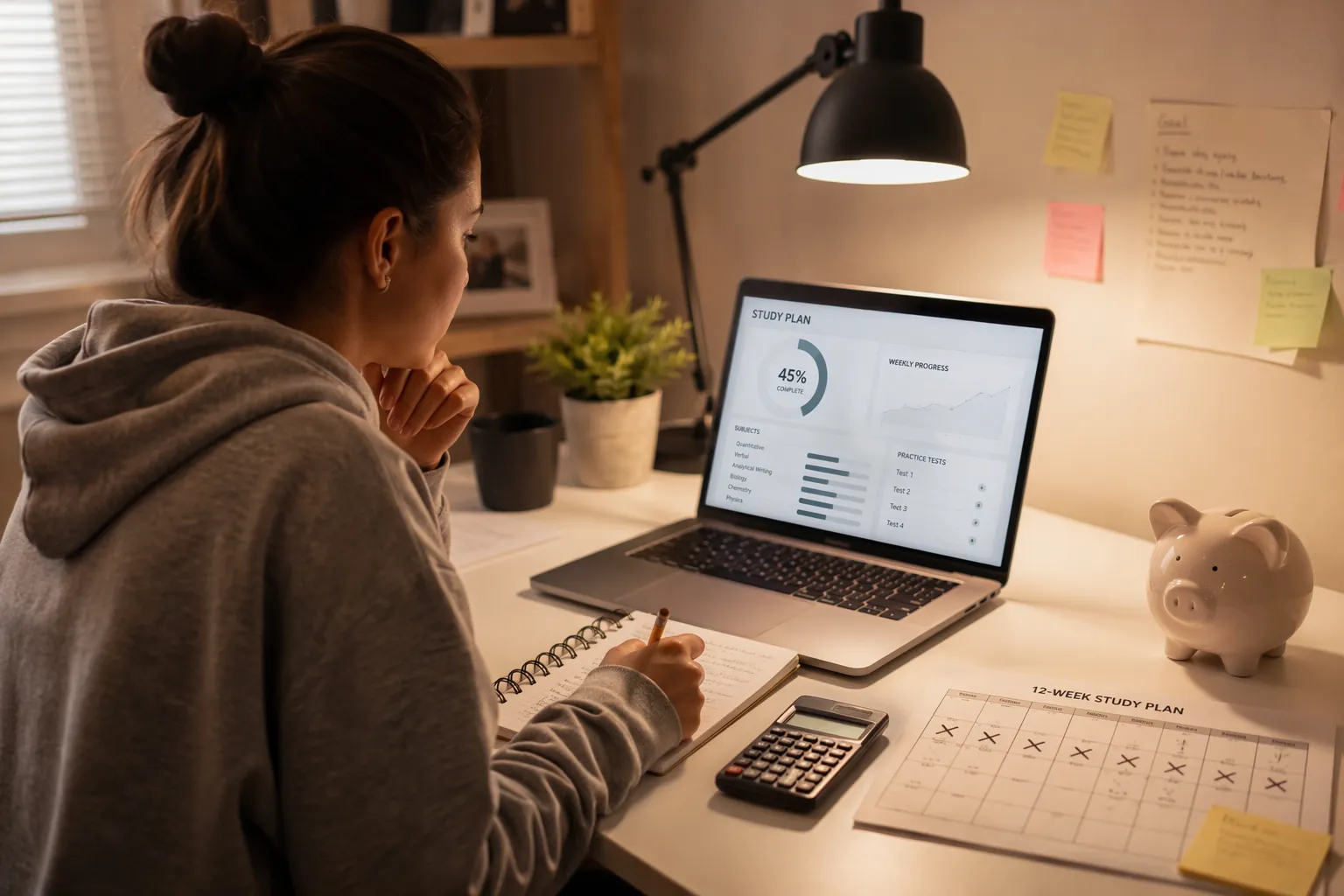 Recent graduate planning a 12-week test prep budget at a desk with a laptop, calculator, piggy bank, notebook, and calendar