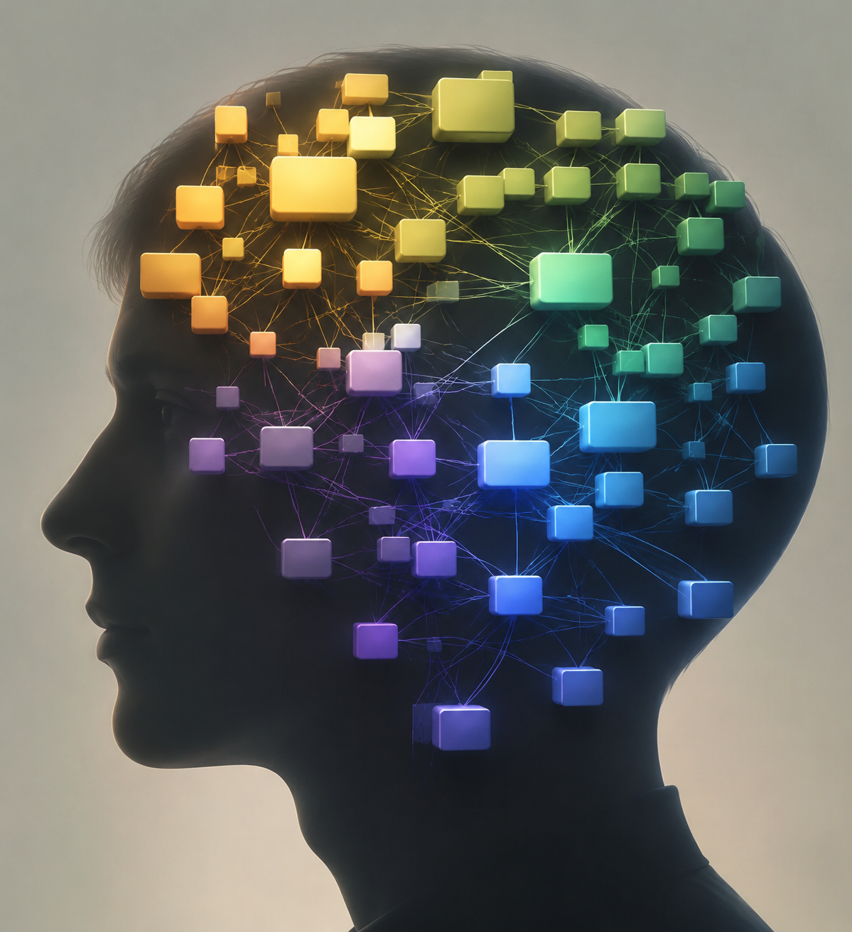A head silhouette filled with connected yellow, green, blue, and purple word tiles representing semantic memory