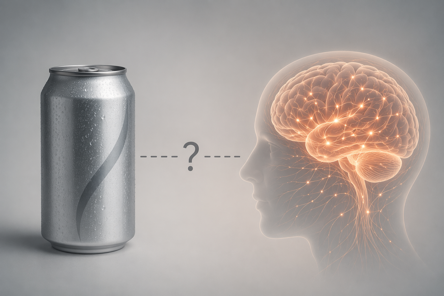 Diet soda can and stylized brain connected by a question mark to show an observed association rather than proven causation
