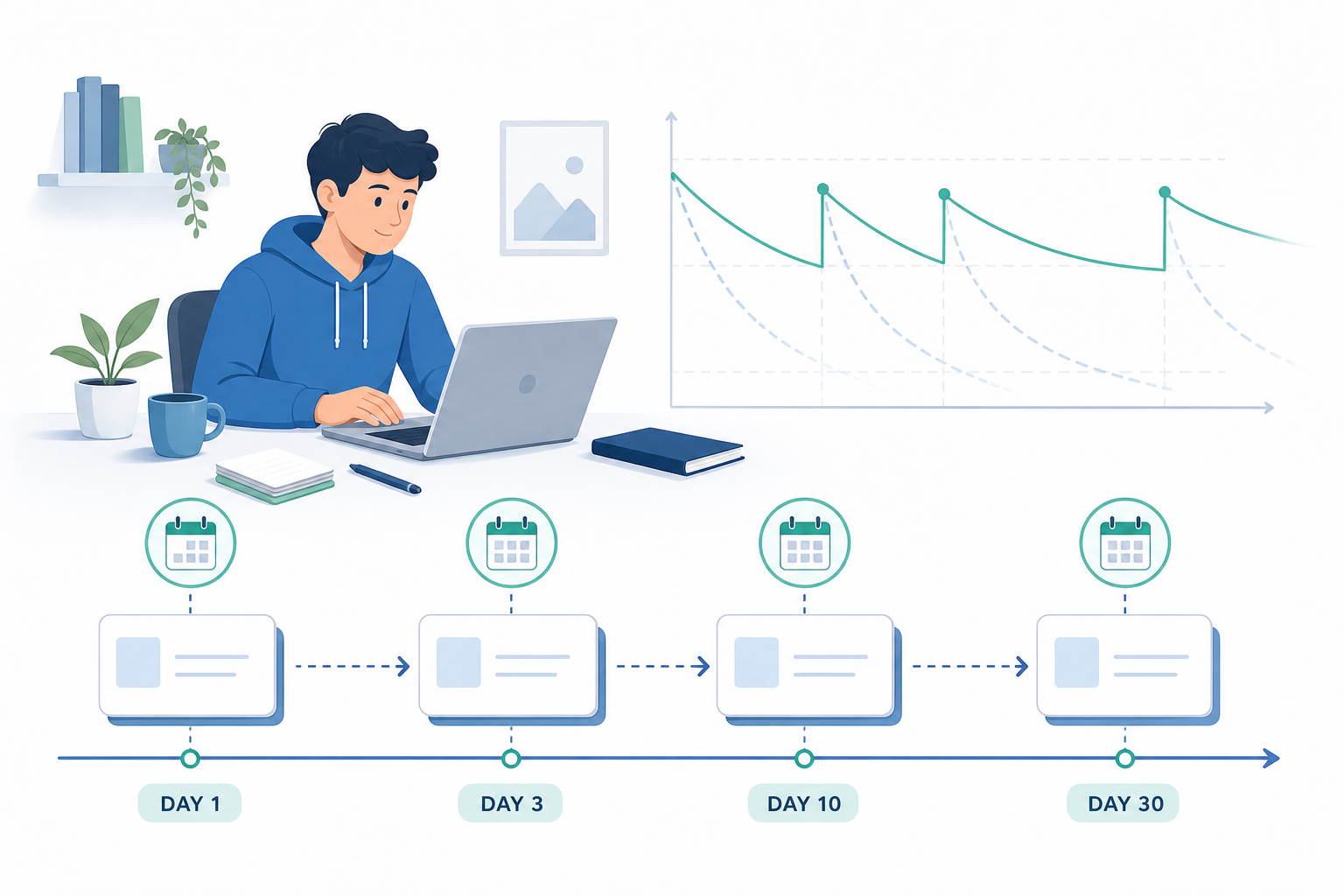 Flat-design illustration of a student at a desk with flashcards appearing at progressively wider intervals on a timeline, with an upward-curving retention graph in the background