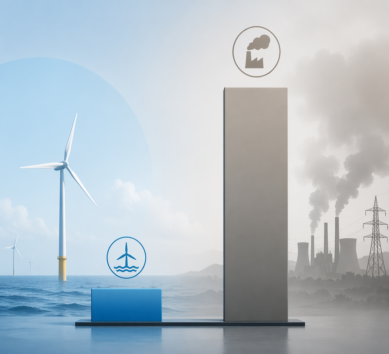 Comparison of offshore wind lifecycle emissions at 15 to 20 kilograms carbon dioxide equivalent per megawatt-hour against a much taller global grid average bar