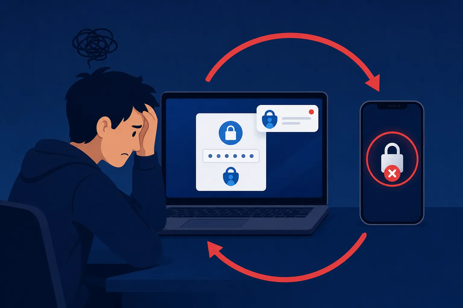 A laptop and smartphone connected in a circular authentication loop with lock icons