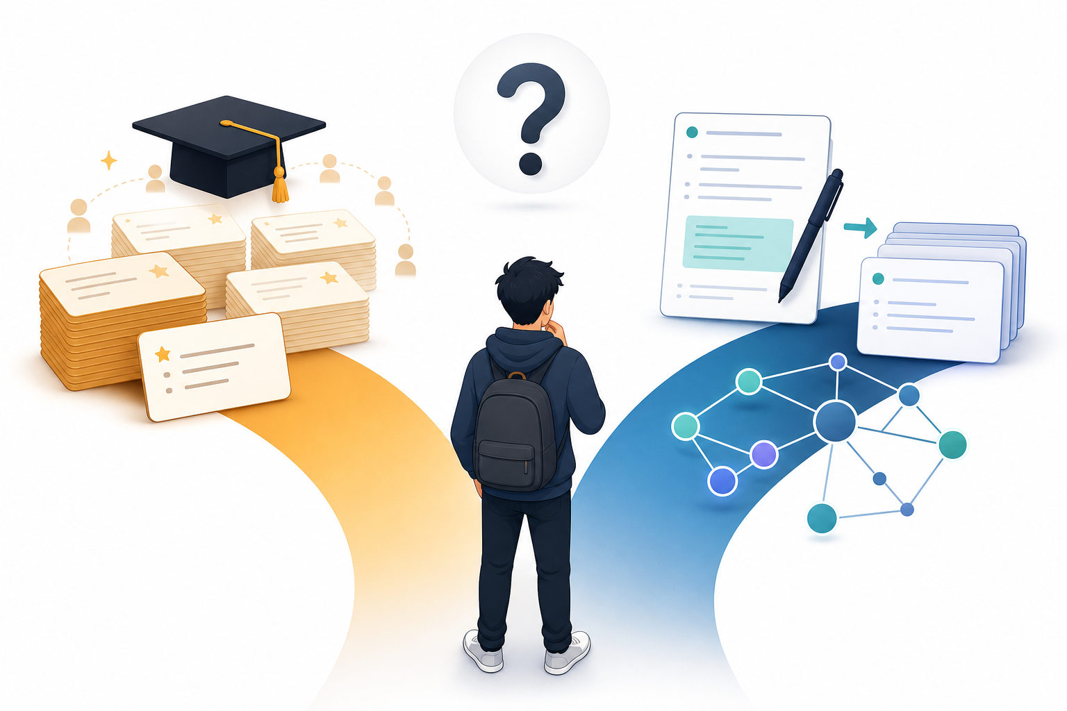 Illustration of a decision fork: left path shows stacks of pre-made decks and a graduation cap on warm amber tones; right path shows notes transforming into flashcards with knowledge graph lines on blue and teal tones.
