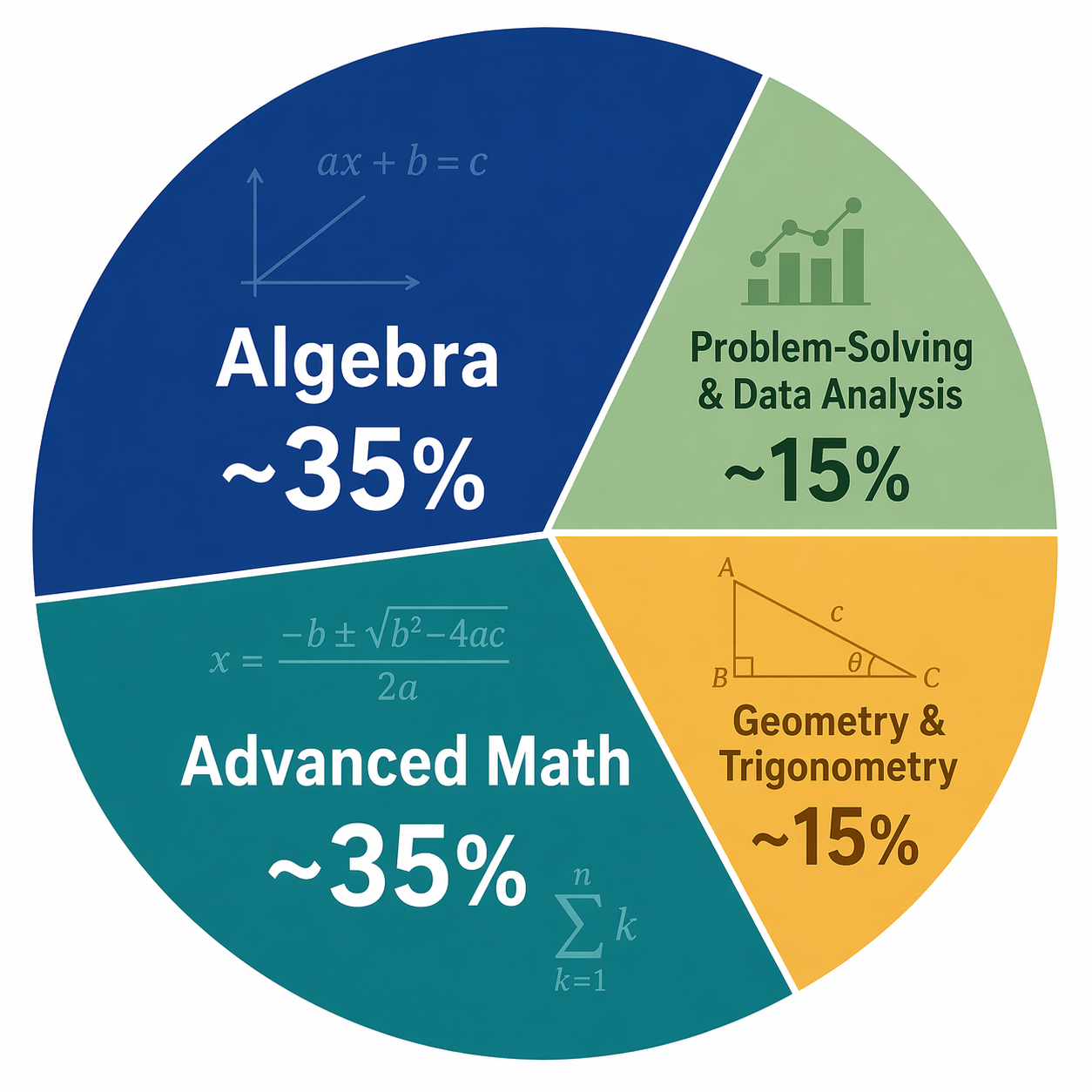 SAT Math domain weighting chart with Algebra and Advanced Math at 35% each, and Problem-Solving and Data Analysis plus Geometry and Trigonometry at 15% each