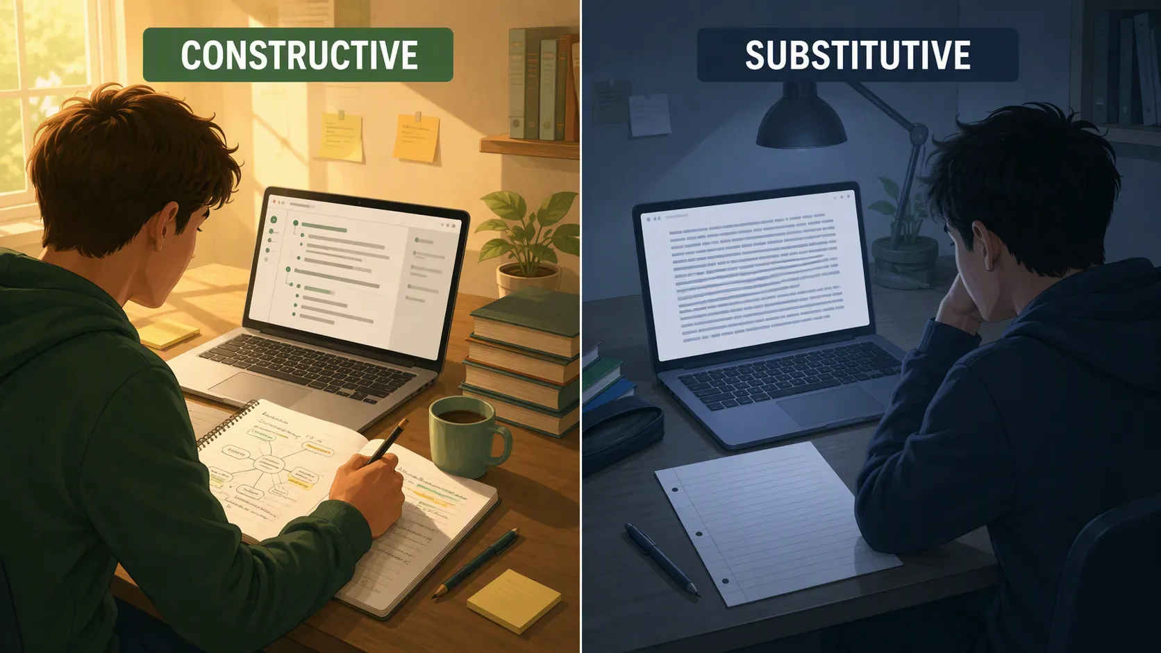 Split-view illustration contrasting constructive ChatGPT essay practice with substitutive copying of a full AI-generated essay