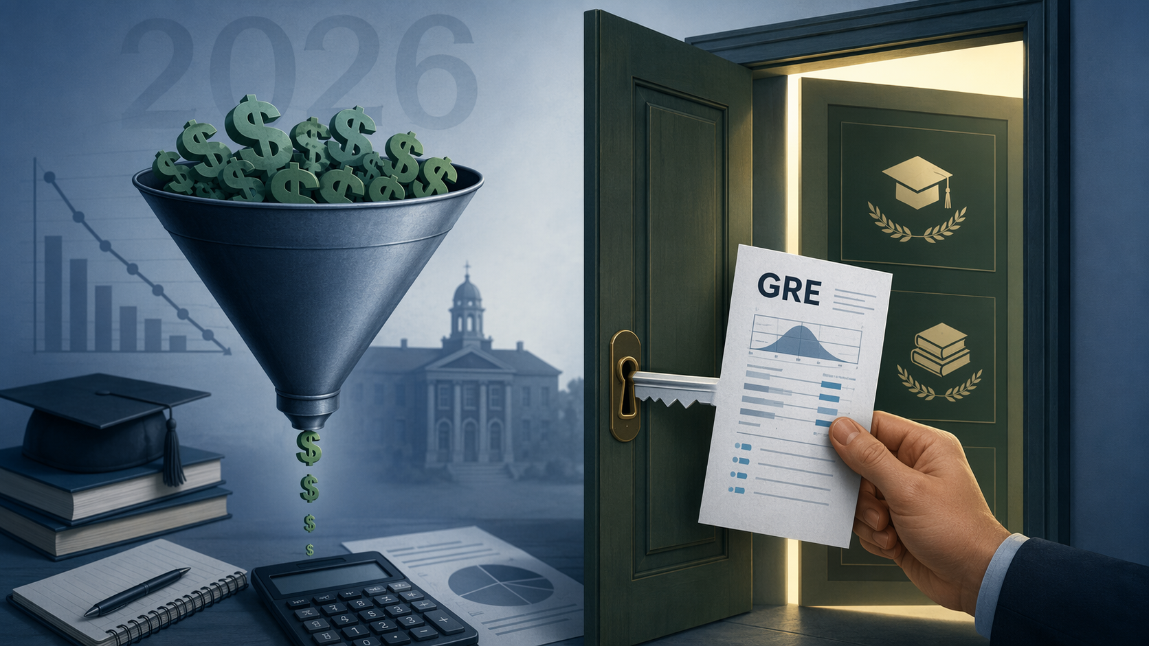 Illustration of a GRE score sheet opening a door to funded admissions and merit aid.