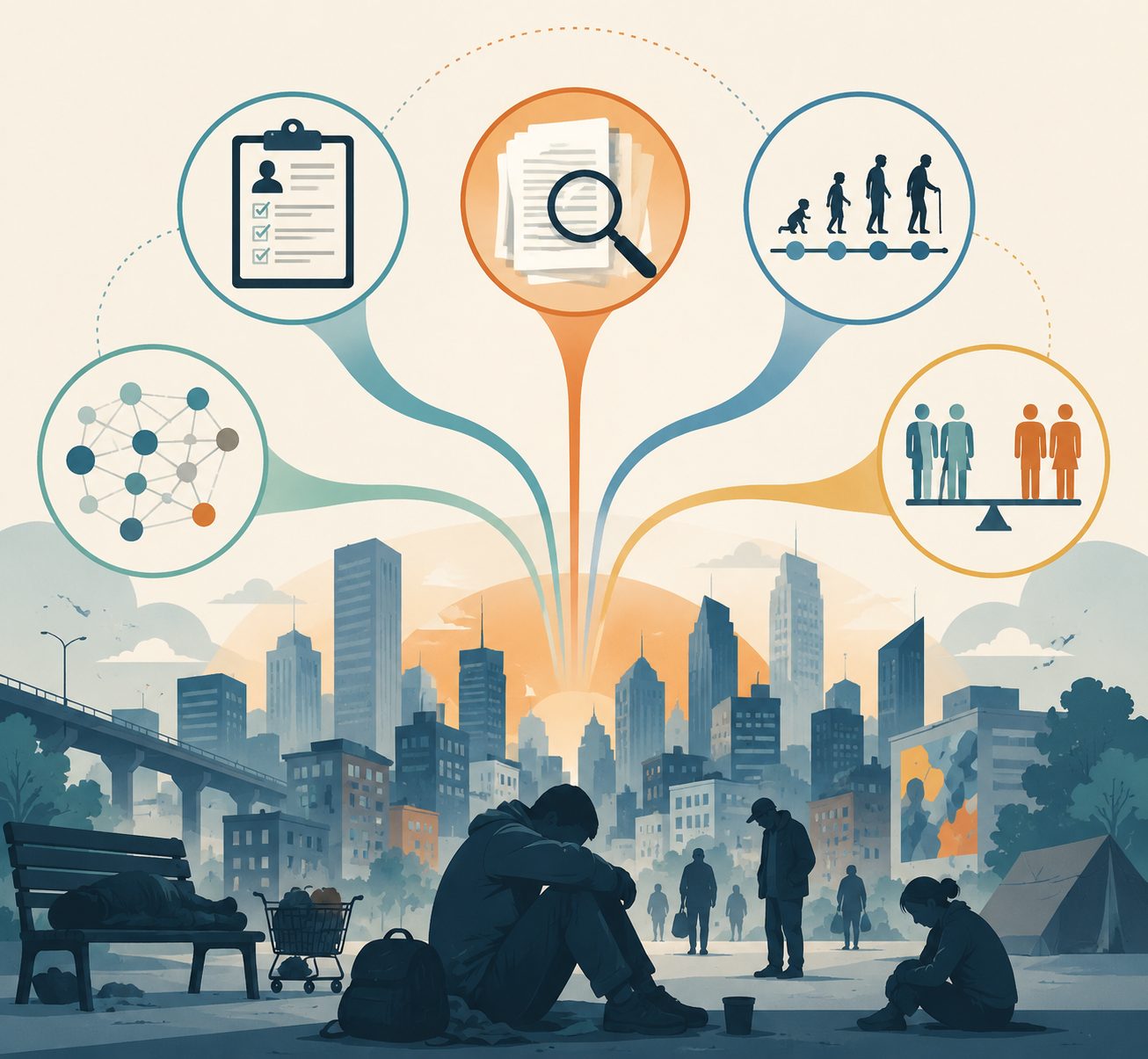 Five public health study-design symbols converging toward an urban skyline