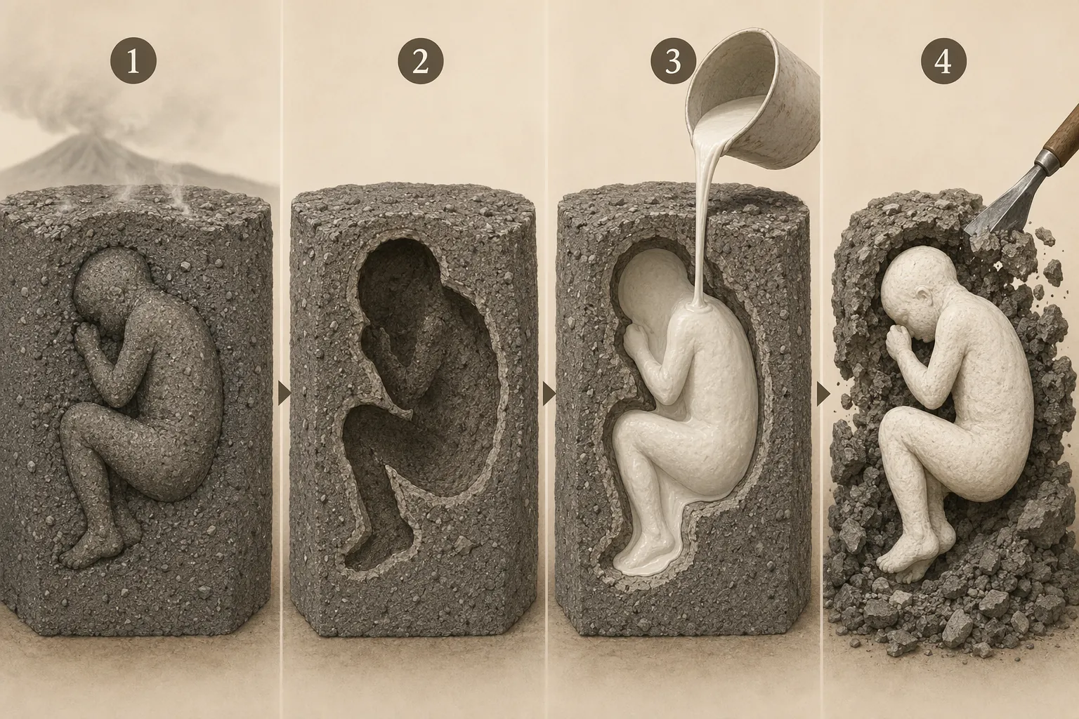 Four-panel diagram showing ash encasing a body, a hollow cavity, plaster filling the cavity, and the finished cast