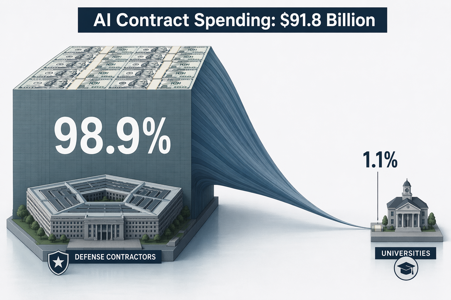 Infographic showing 98.9% of federal AI contract spending flowing to DoD contractors and only a tiny sliver flowing toward universities