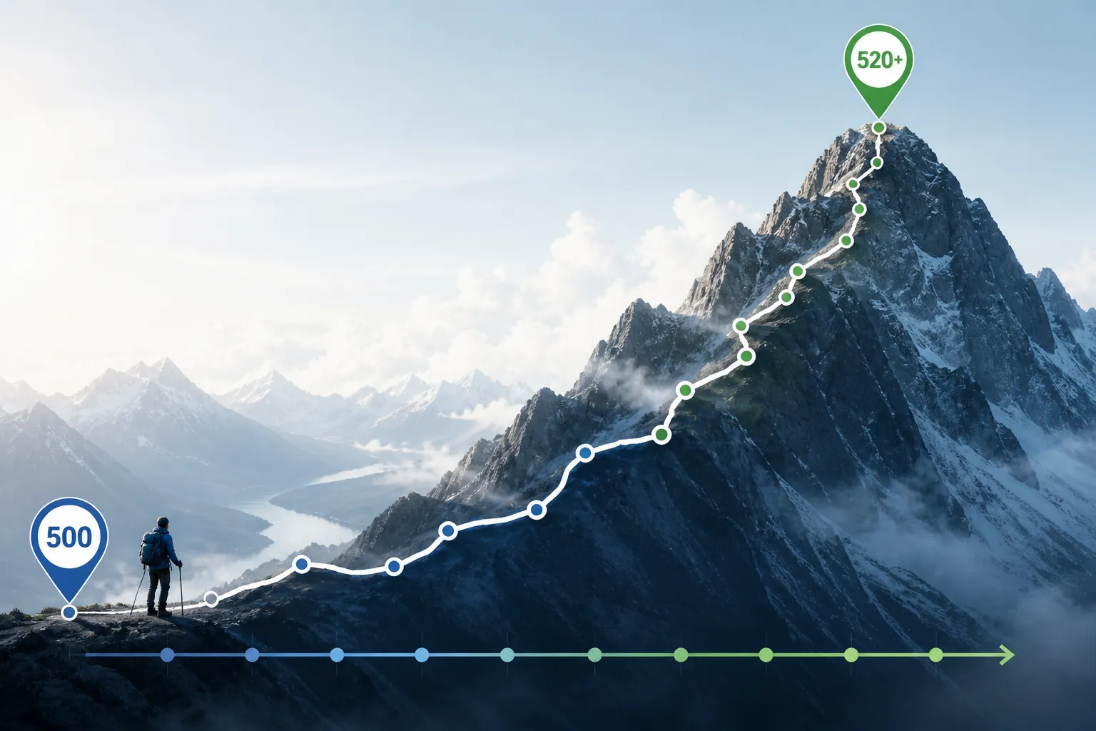 Upward score trajectory from 500 to 520 plus across a 12-week MCAT timeline