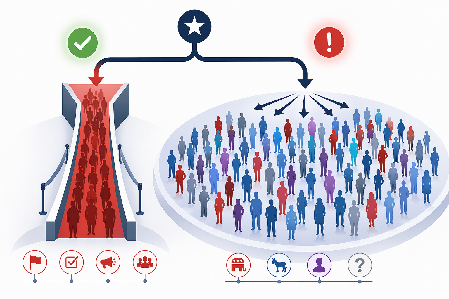 Diagram showing a Trump endorsement moving through a narrow Republican primary electorate and a broader general-election electorate
