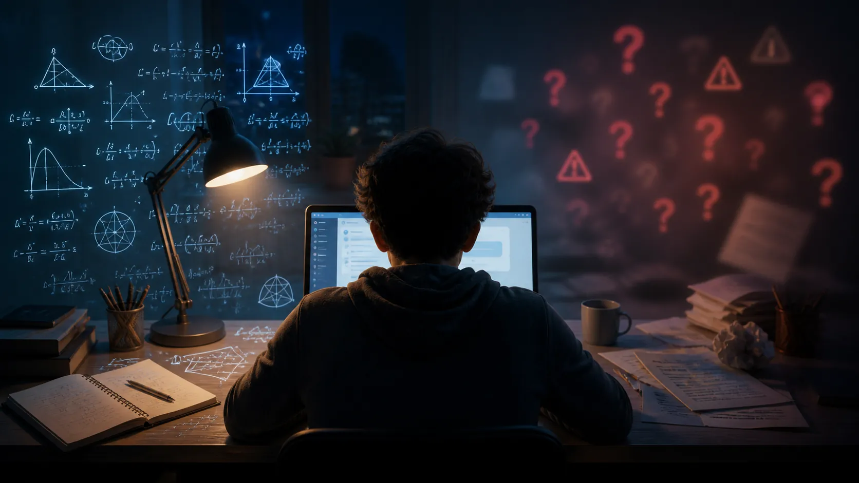 Student studying late at night with AI chat, clear math on one side and warning symbols around factual answers on the other