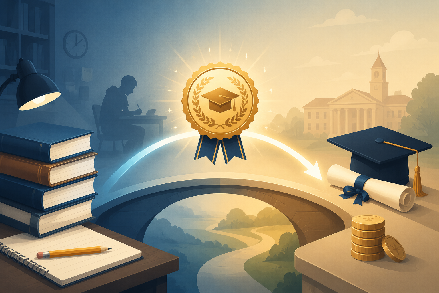 SAT and ACT prep books linked to a merit aid badge and reduced coins under a graduation cap