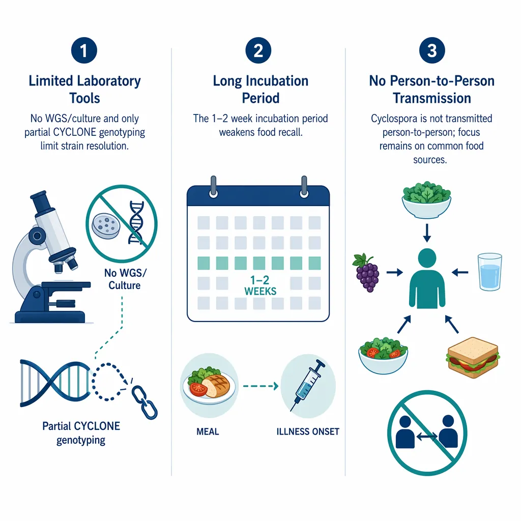 Three panels illustrating Cyclospora investigation challenges: no culture and limited genotyping, delayed incubation and food recall, and no person-to-person transmission