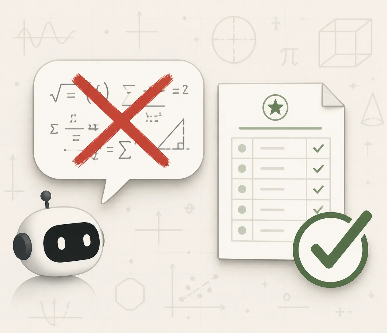 AI answer bubble with a red X beside an official answer-key sheet with a green checkmark