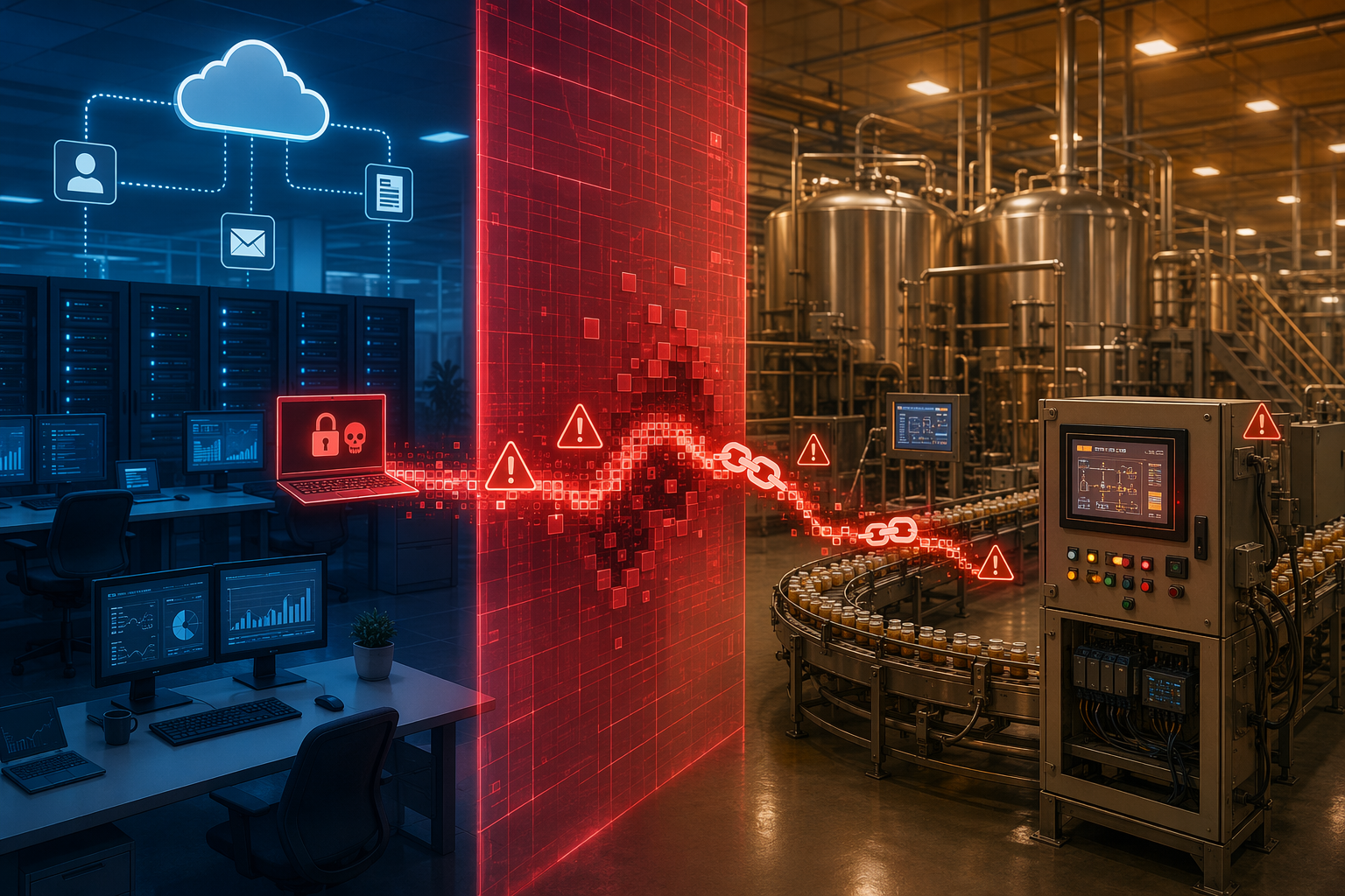 Illustration of a ransomware breach path crossing from corporate IT systems into factory production systems